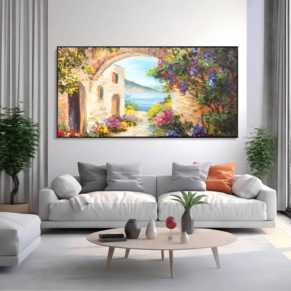 Tablou canvas cu pictura in ulei cu arcada de piatra si mare, in rama de aluminiu negru, pe perete intr-un living